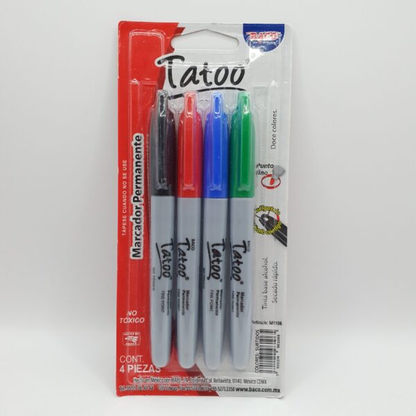 Marcador Permanente 4 Colores Surtidos Tatoo Baco